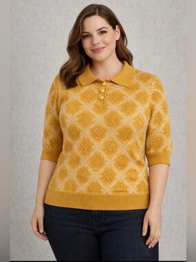 Simple Retro Mustard Yellow Argyle Knit Sweater Polo Top Women’s Size L(A510)